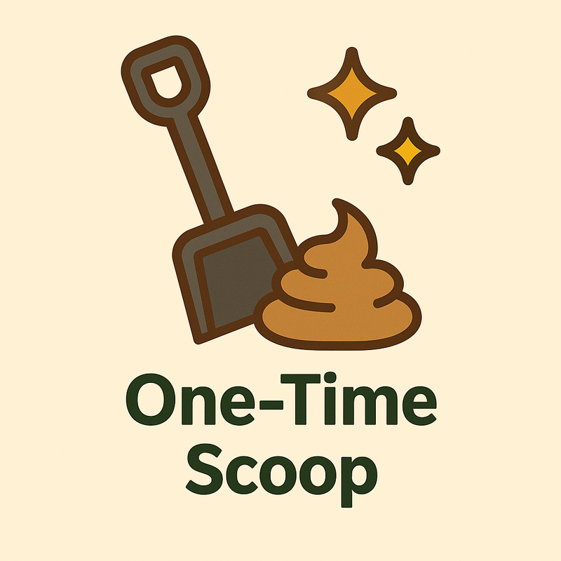 Illustration of a shovel and pile of poop with 'One-Time Scoop' text on a beige background