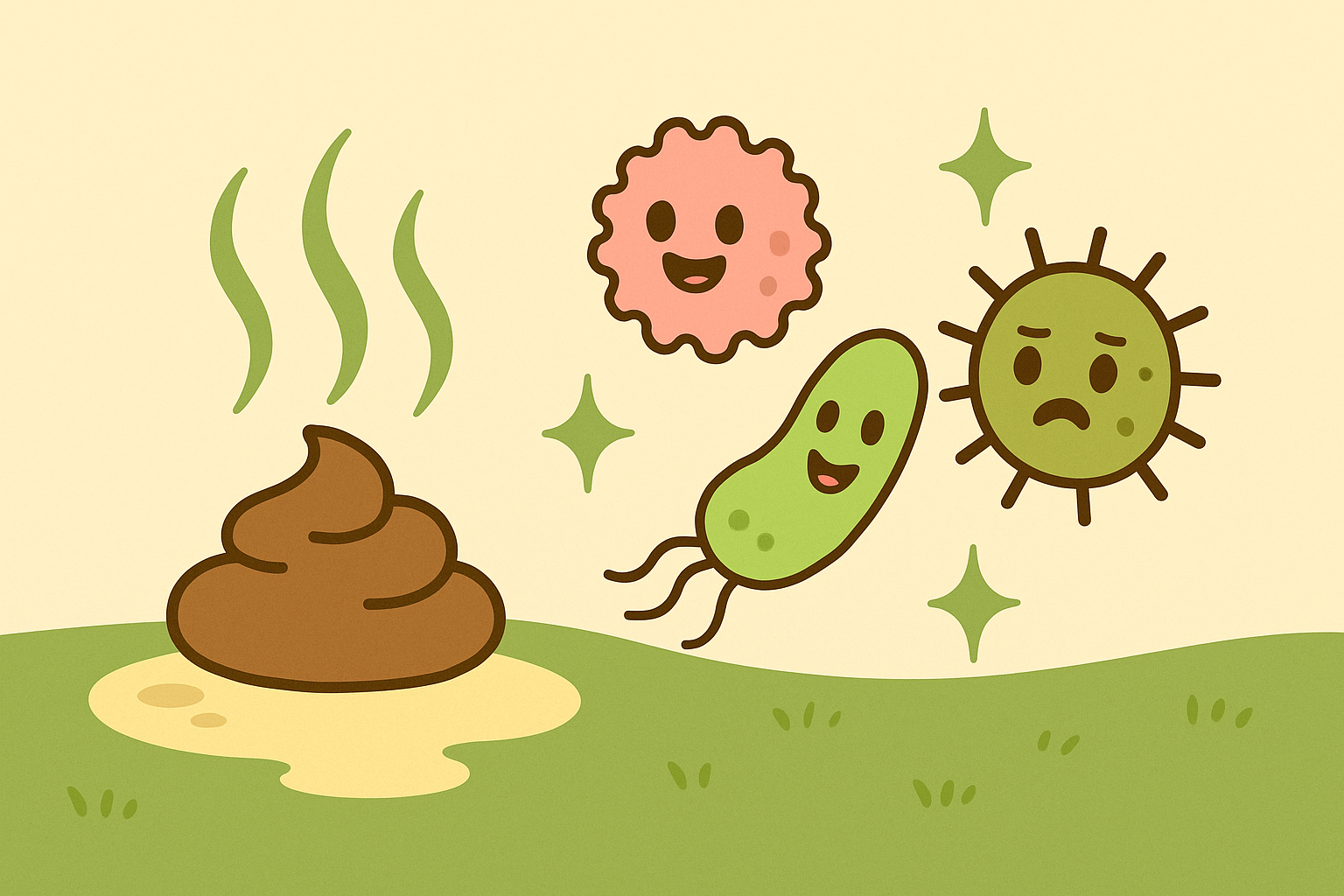 Illustration of a poop emoji, happy and sad bacteria, and a green field.