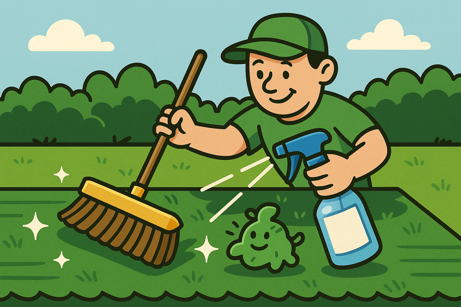 Cartoon character cleaning a pond with a broom and spray bottle, surrounded by greenery.