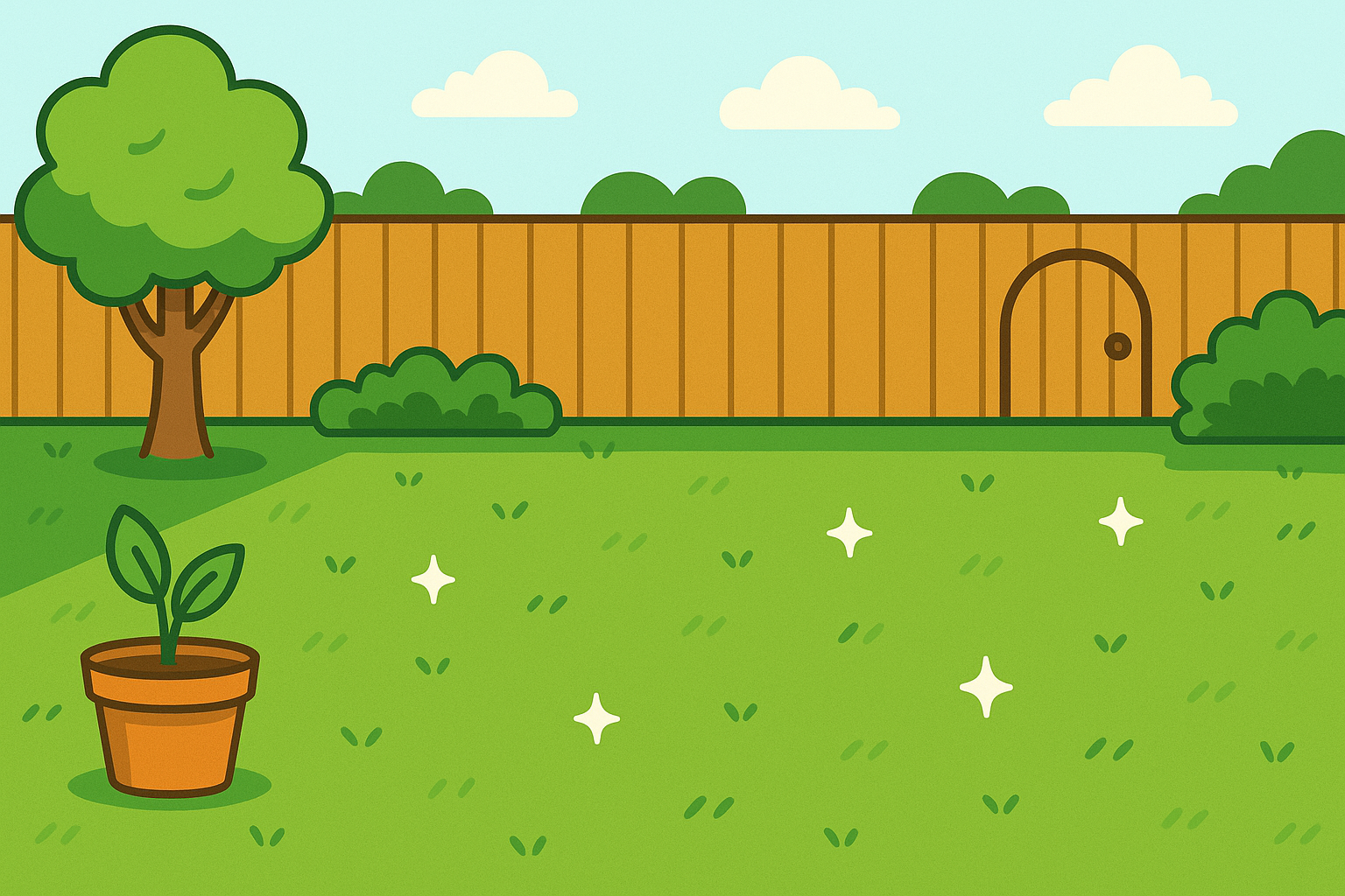 Cartoon garden with a potted plant, wooden fence, and trees.