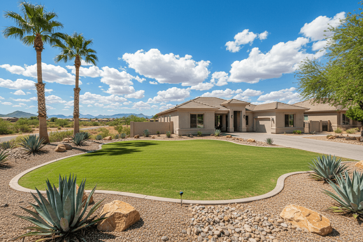 House with a well-maintained lawn and desert landscape under a blue sky with clouds.