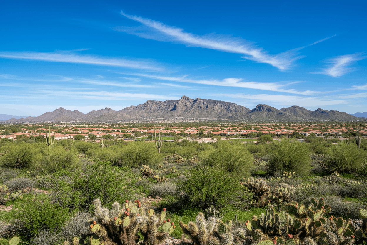 Desert landscape with cacti and mountains under a blue sky