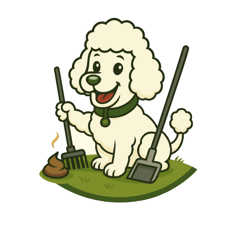Cartoon poodle with a green collar holding a poop scoop and a bag on a white background