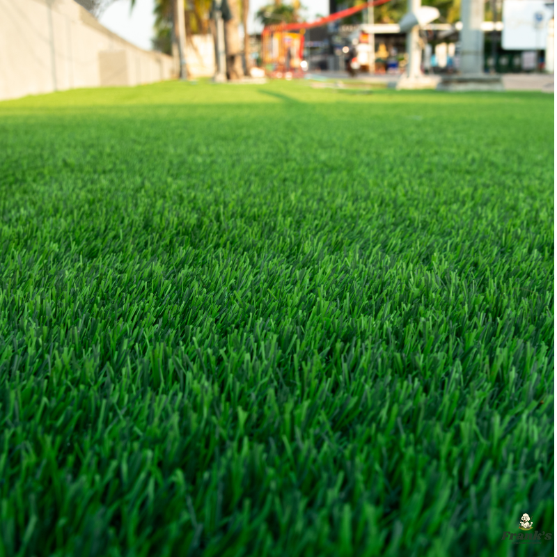 Close-up of artificial green grass with a blurred background