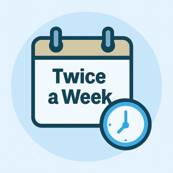 Calendar with 'Twice a Week' text and a clock icon on a light blue background