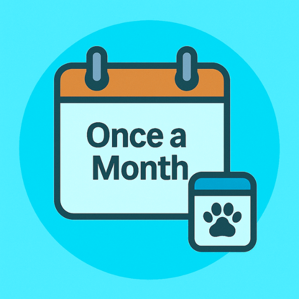 Calendar with 'Once a Month' text and a small calendar icon with a paw print on a blue background
