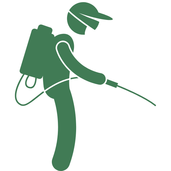 Green icon of a person wearing a backpack sprayer on a white background