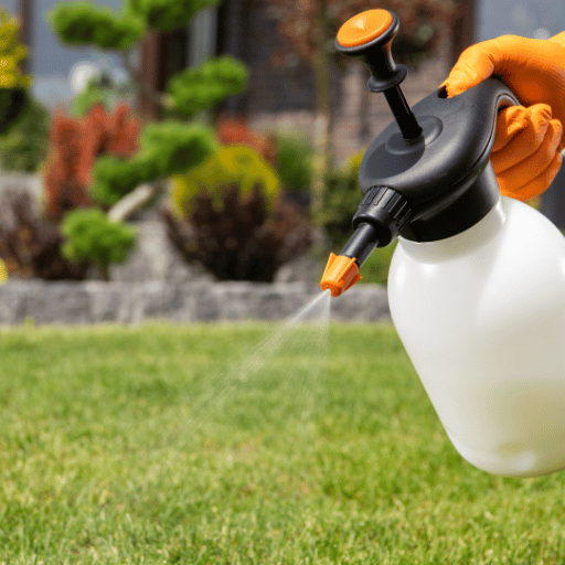 Person using a spray bottle to water plants in a garden