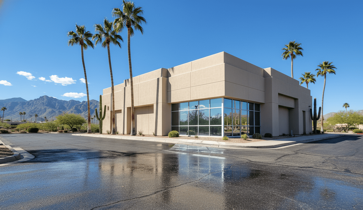 Commercial building with palm trees and mountains in the background