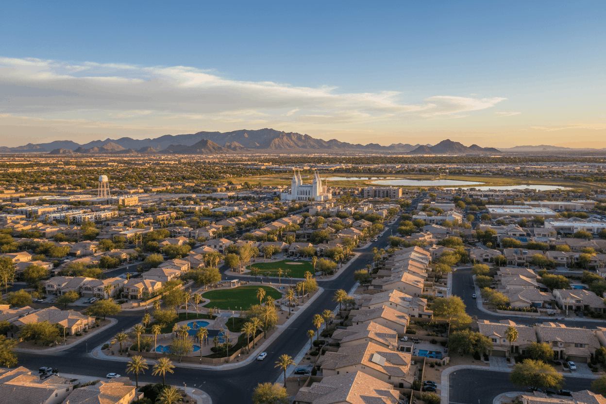 Aerial view of a suburban area with houses and roads, mountains in the background.