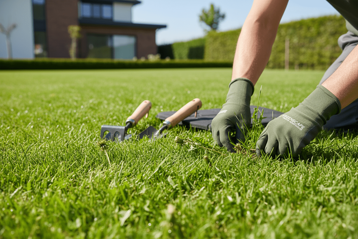 Person gardening on a lawn with tools and gloves